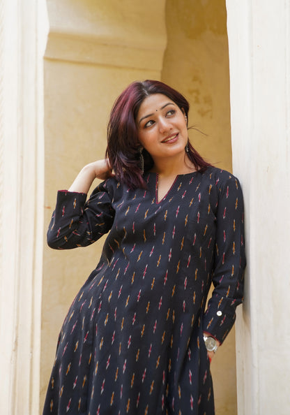 Black Ikat handloom dress, both side pocket