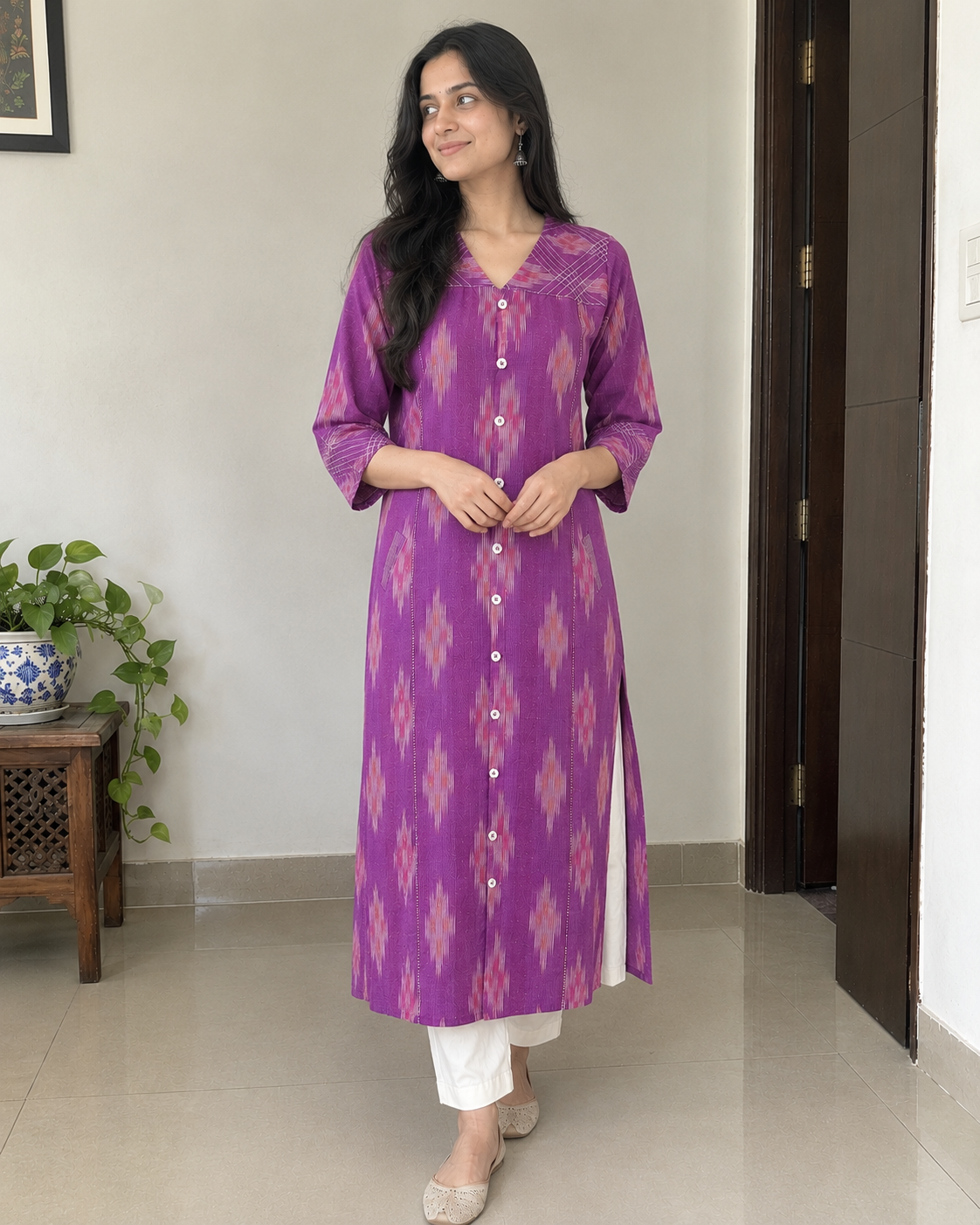 Purple Handloom Ikat Cotton Kurta with V-Neck & Contrast Stitch Detailing