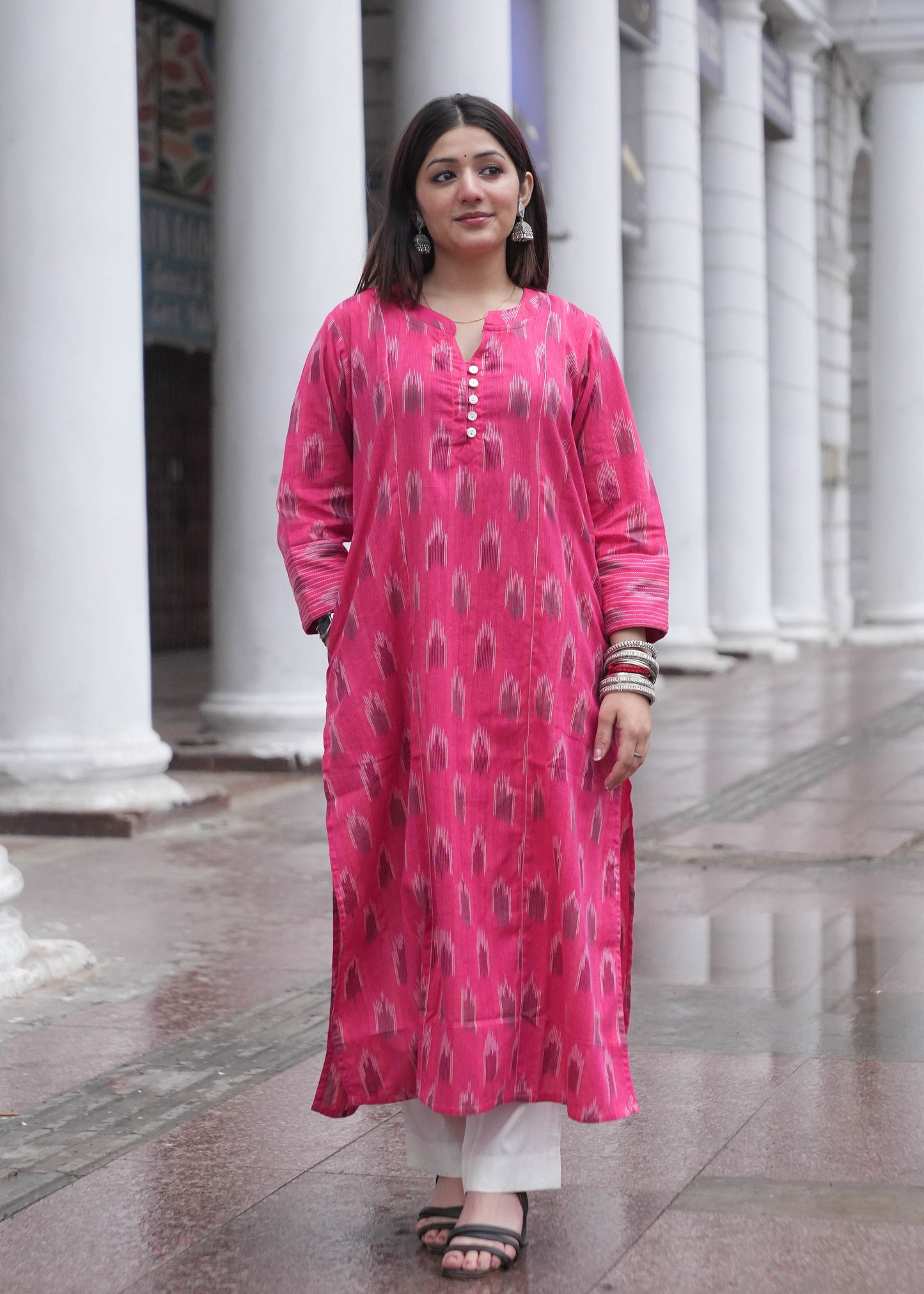 Pink Handwoven Ikat A-Line Kurta with Thread Work & Shell Buttons