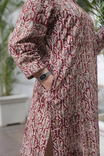 Rust Maroon Handcrafted Kalamkari A-Line Kurta