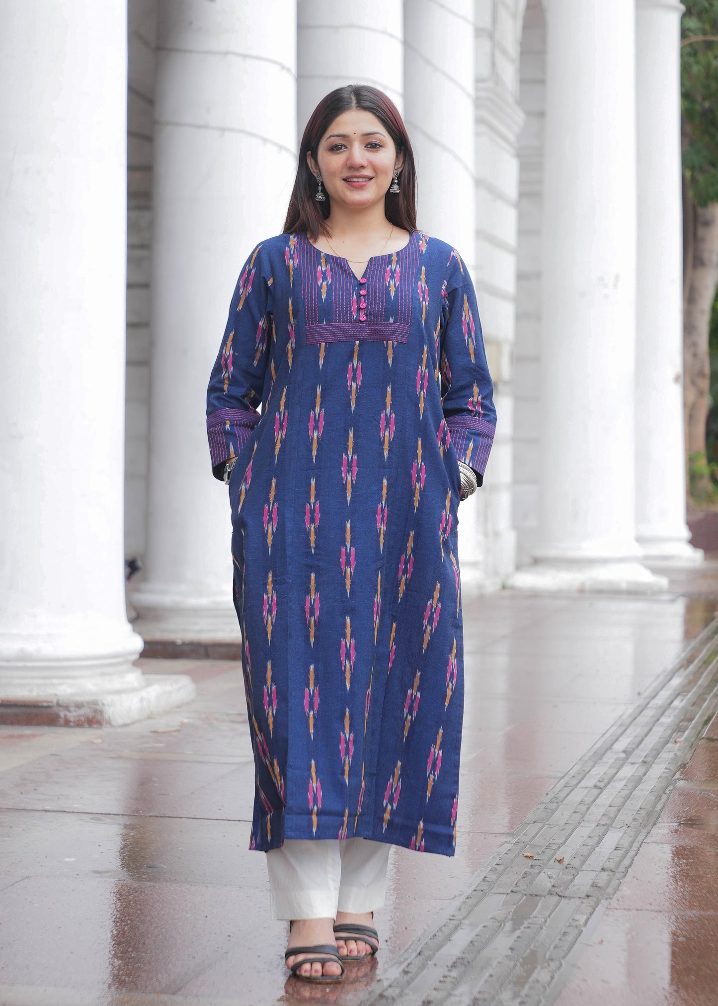 Indigo Handloom Ikat A-Line Kurta with Button Neck & Side Pockets