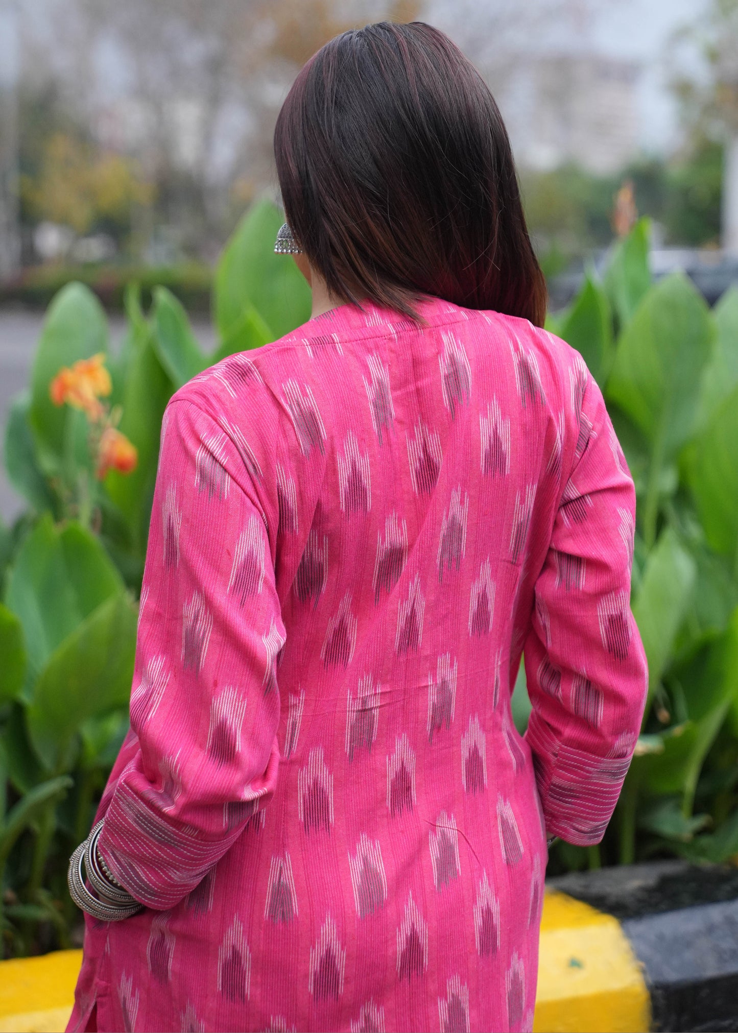 Pink Handwoven Ikat A-Line Kurta with Thread Work & Shell Buttons