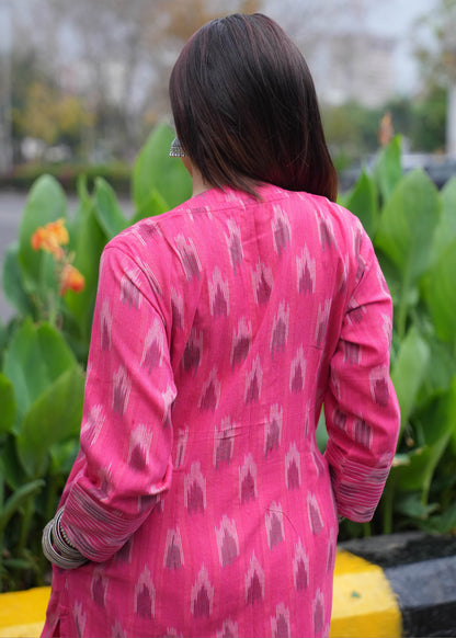 Pink Handwoven Ikat A-Line Kurta with Thread Work & Shell Buttons