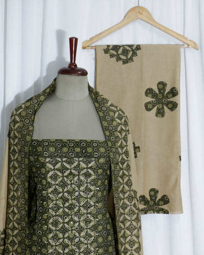Ajrakh applique Printed Cotton 3 Piece Suit Set with mul-mul dupatta