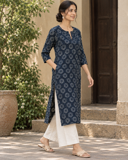 Navy Blue Floral Dabu Hand Block Printed Cotton Straight Kurta