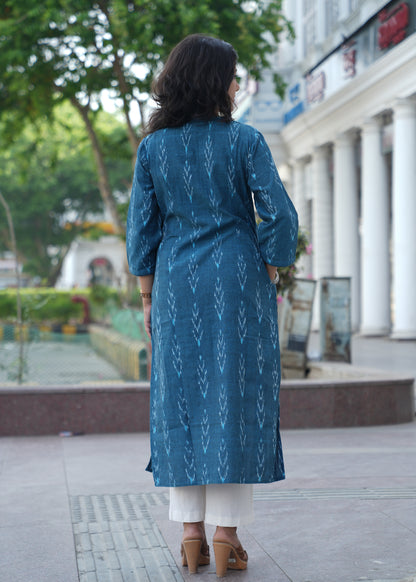 Ocean Blue Handwoven Ikat Cotton Straight Kurta for Women