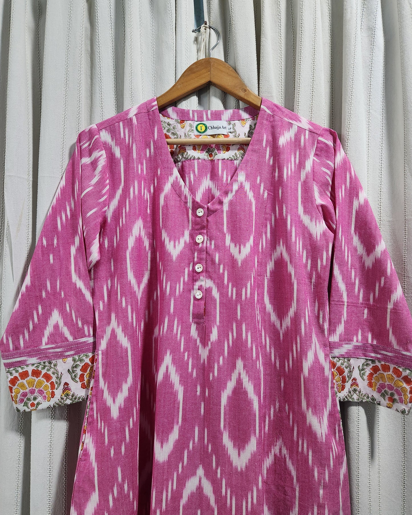 Handwoven Pink Ikat A-Line Kurta with Princess Cut & Side Pockets