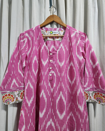 Handwoven Pink Ikat A-Line Kurta with Princess Cut & Side Pockets