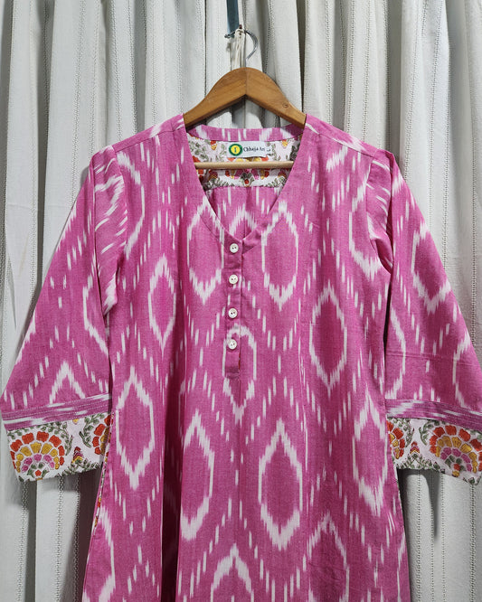 Handwoven Pink Ikat A-Line Kurta with Princess Cut & Side Pockets