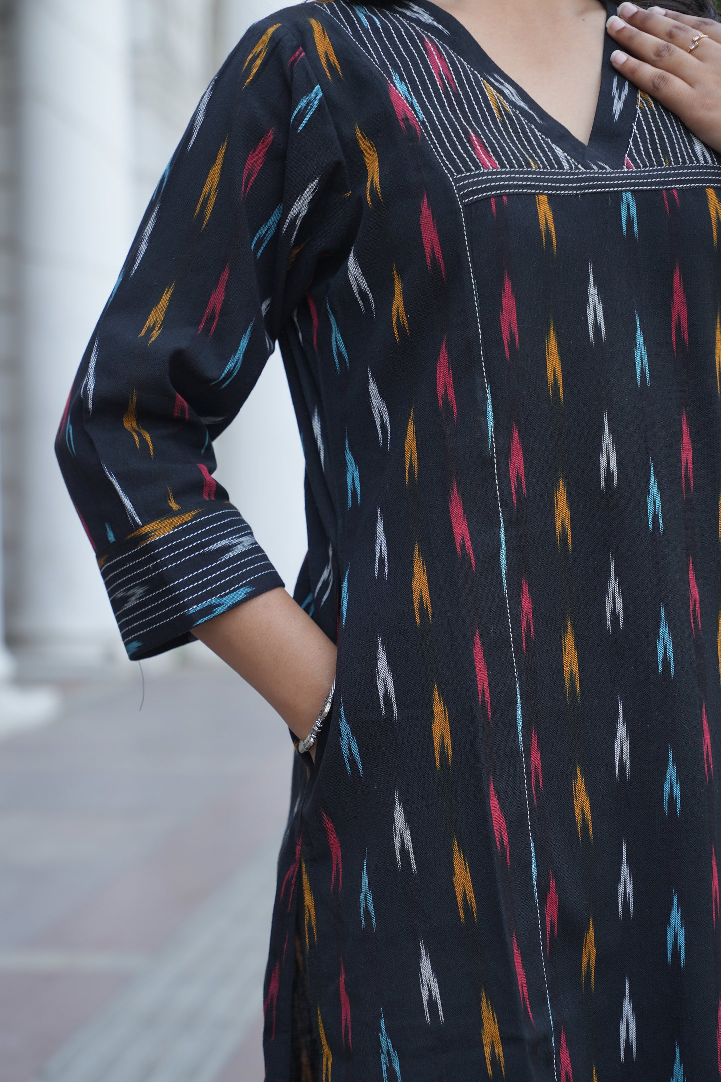 Black Handloom Ikat Cotton Kurta