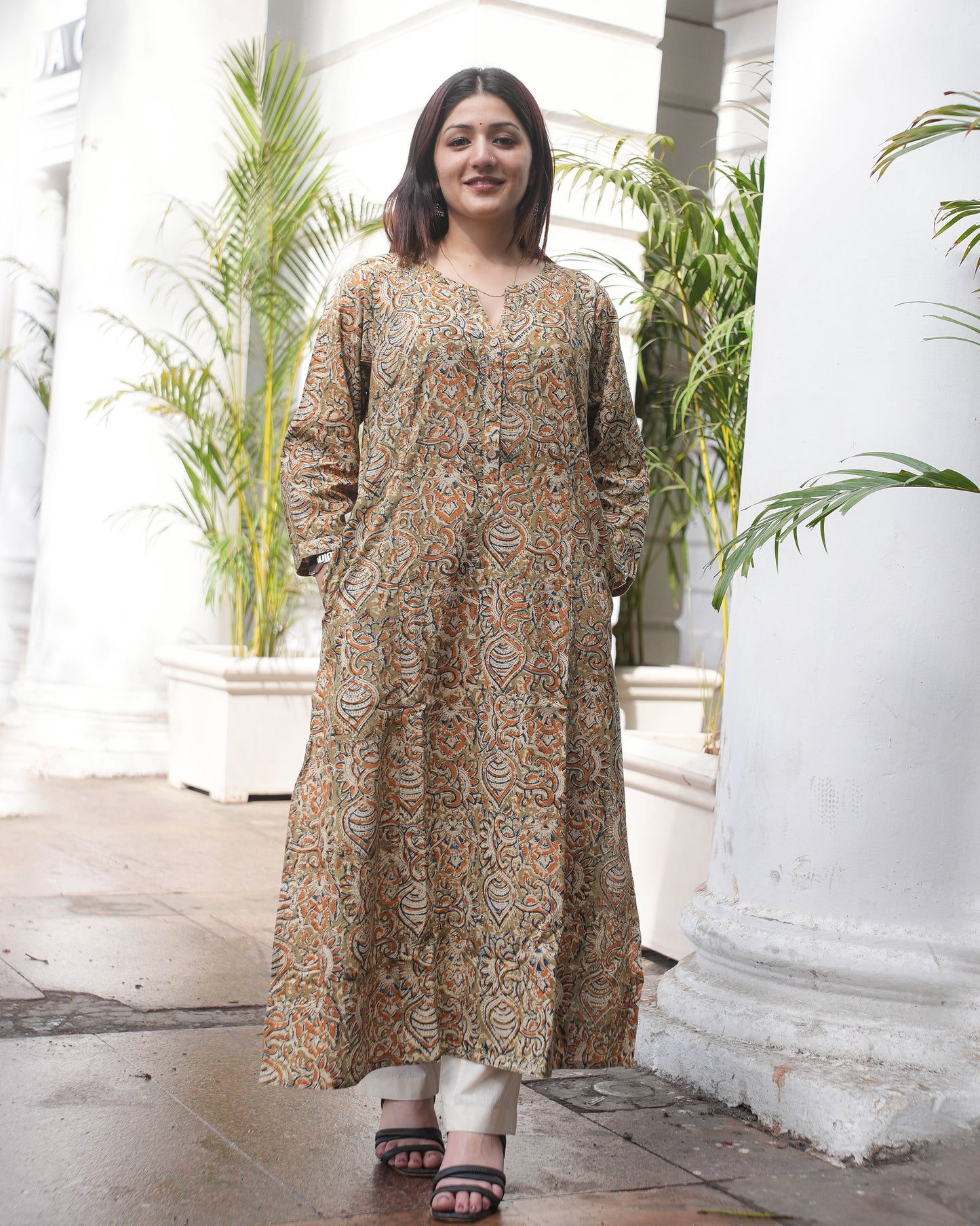Earthy Kalamkari Handblock Cotton Kurta – A-Line Fit