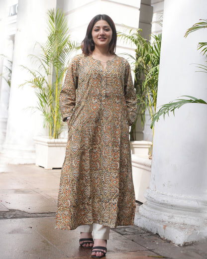 Earthy Kalamkari Handblock Cotton Kurta – A-Line Fit