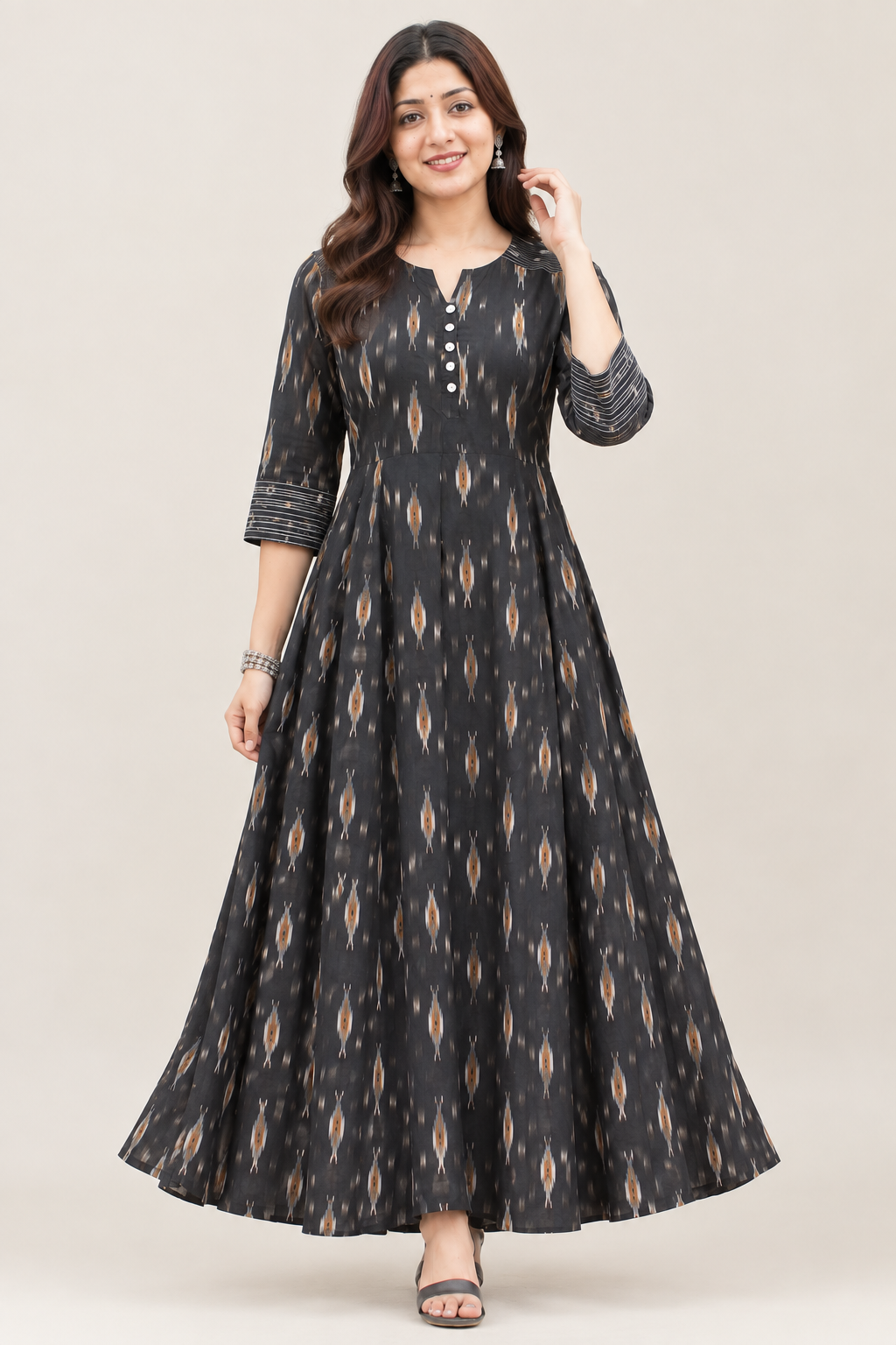 Black Handloom Ikat Flared Cotton Dress