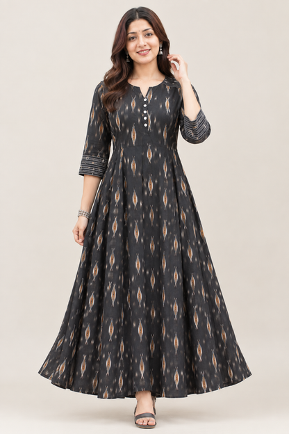 Black Handloom Ikat Flared Cotton Dress