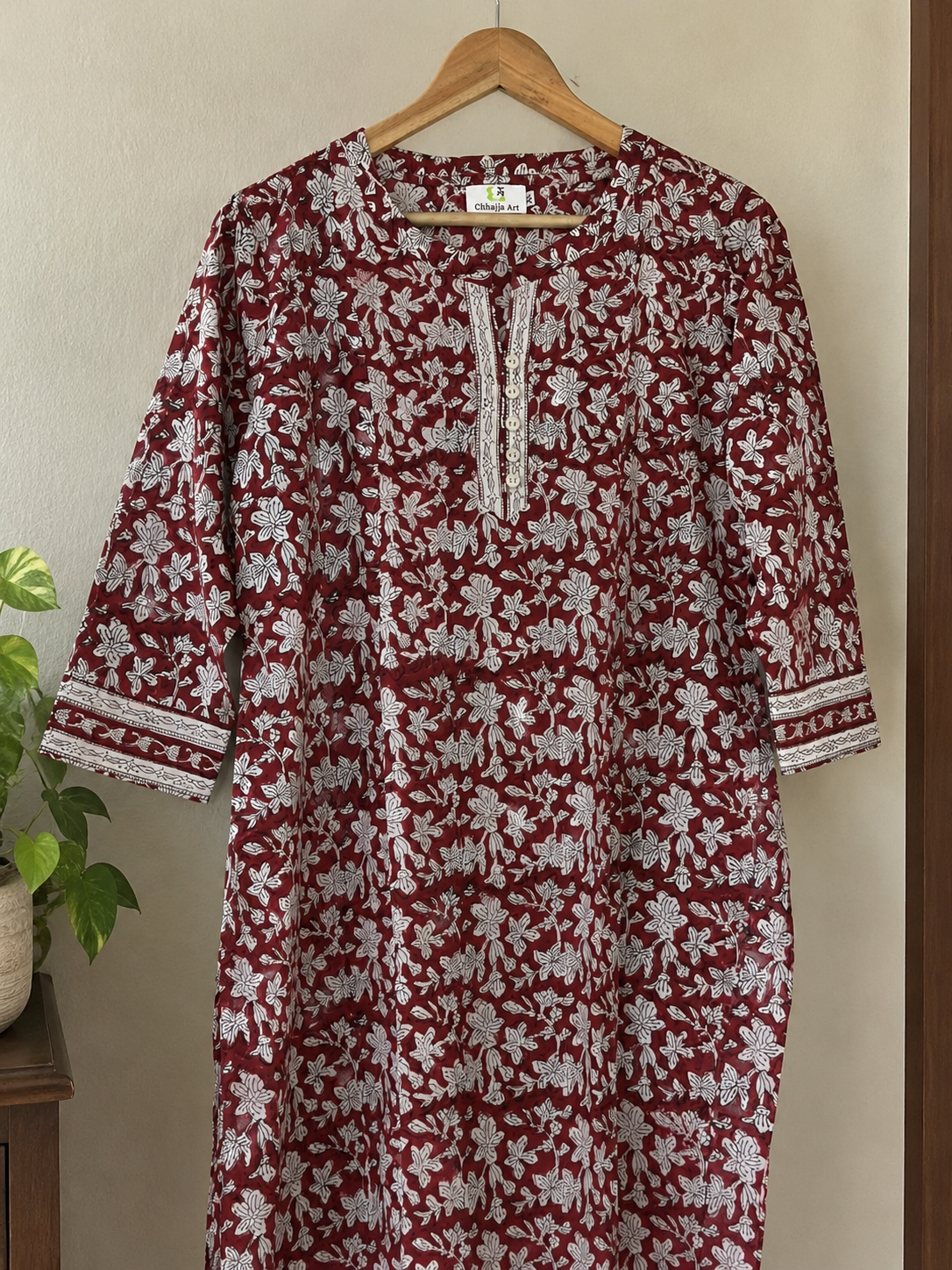 Maroon Handprinted Cotton A-Line Kurta with White Floral Print