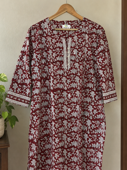 Maroon Handprinted Cotton A-Line Kurta with White Floral Print