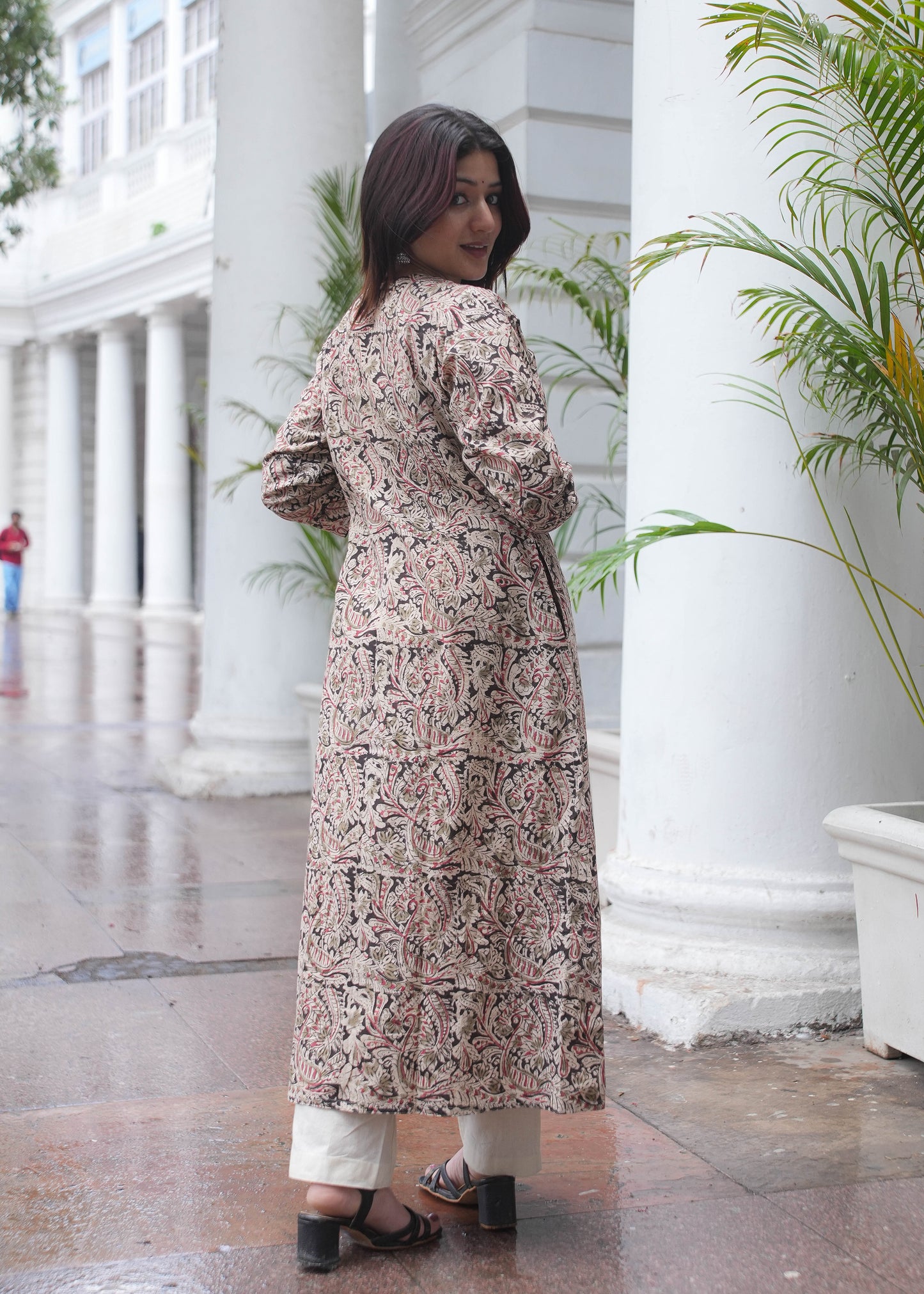 Handblock Kalamkari A-Line Cotton Kurta with Potli Buttons & Black Piping