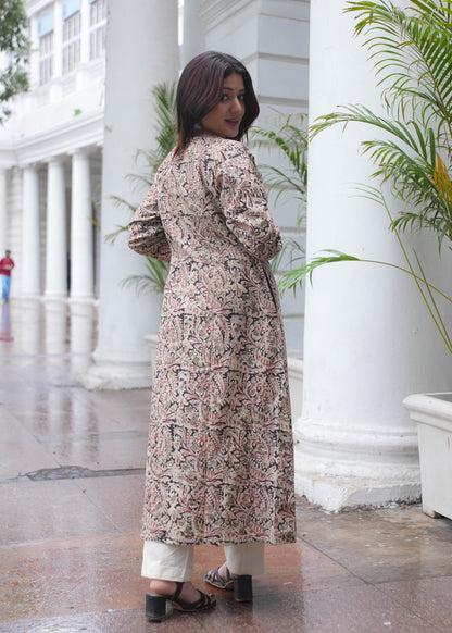 Handblock Kalamkari A-Line Cotton Kurta with Potli Buttons & Black Piping
