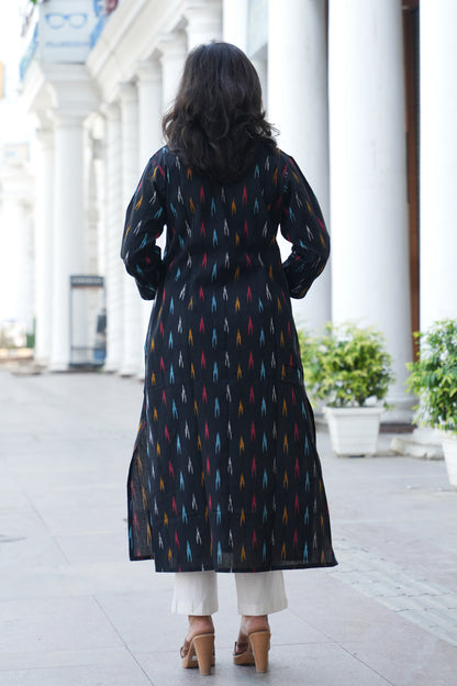 Handloom Black Ikat Straight Kurta for Women – Multicolor Woven Cotton Kurta