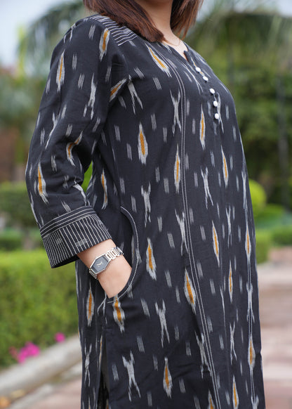 Black Handloom Ikat A-Line Kurta with Round V Neck & Loop Buttons