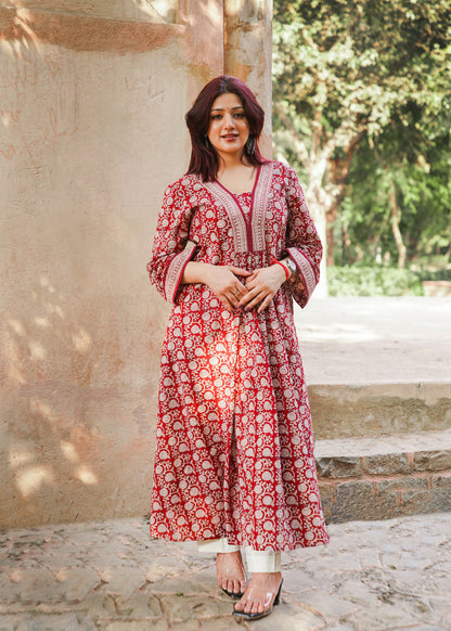 Maroon- Bagh handprinted dress with bell sleeves & pocket both side