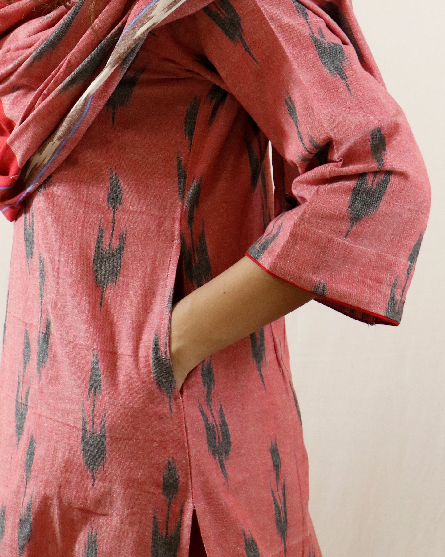 Brick Blossom Ikat Suit Set – Brick kurta with red pant & shaded dupatta (brick-red)