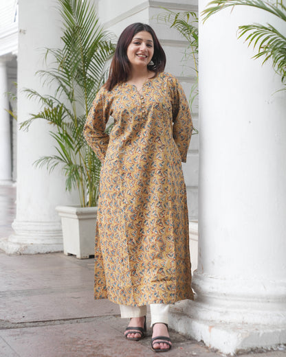 Handblock kalamkari Leaf Print Cotton Kurta  – Mustard Ethnic Everyday Wear