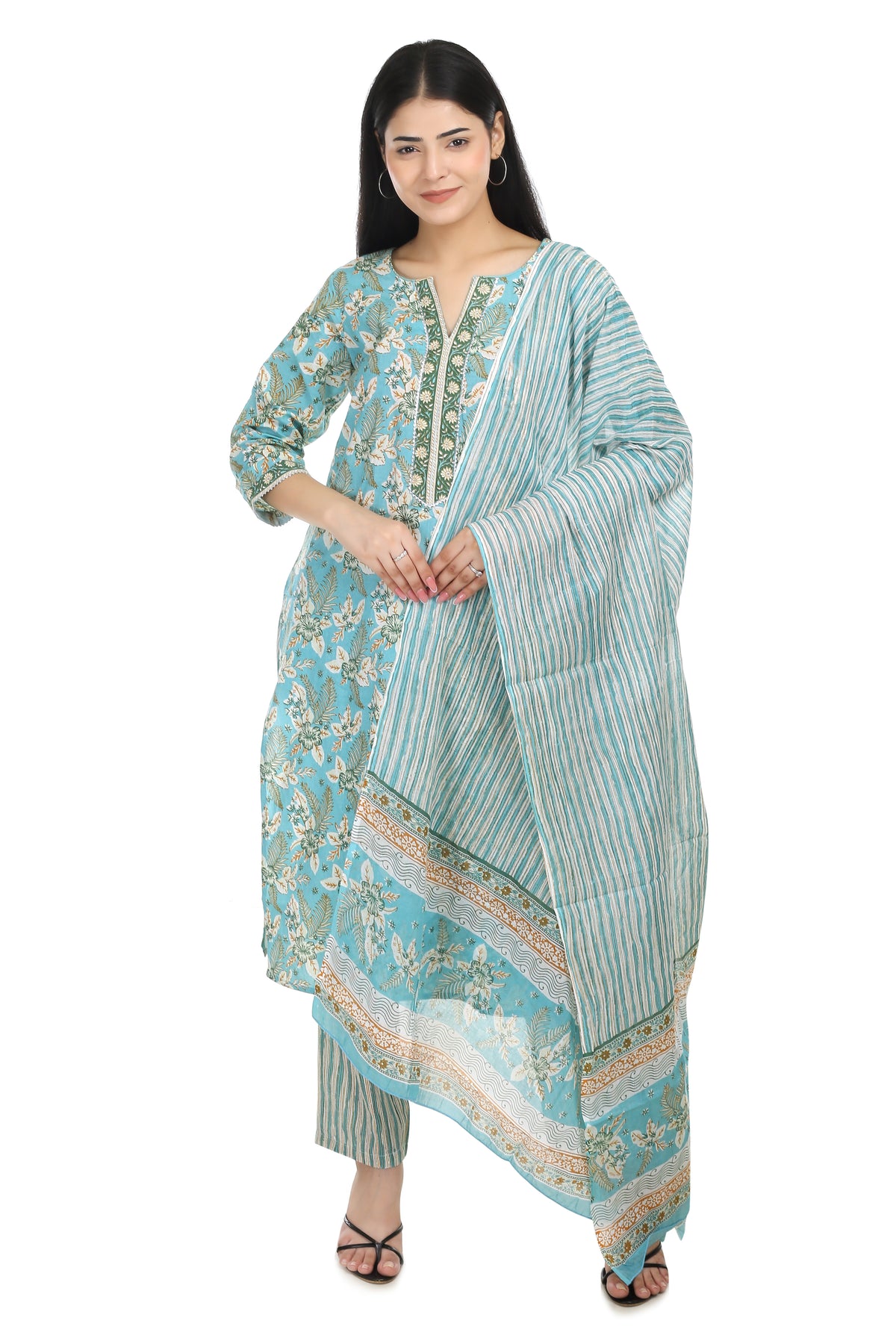 Sea Green Jaipuri Printed Cotton Suit Set with Dupatta & Cotton Pants