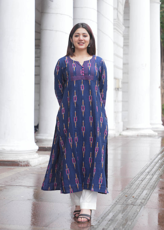 Indigo Handloom Ikat A-Line Kurta with Button Neck & Side Pockets