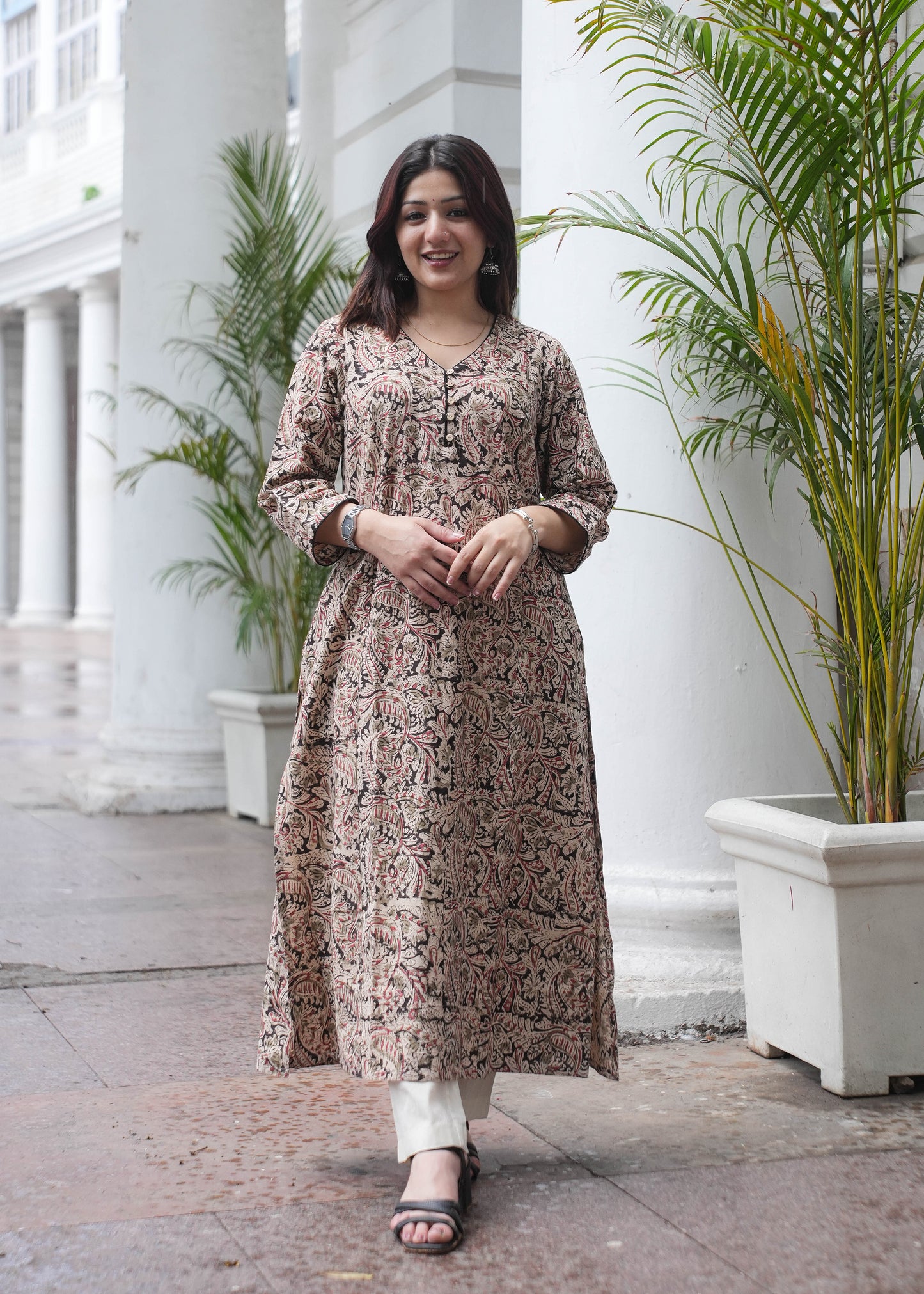 Handblock Kalamkari A-Line Cotton Kurta with Potli Buttons & Black Piping