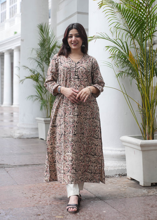 Handblock Kalamkari A-Line Cotton Kurta with Potli Buttons & Black Piping