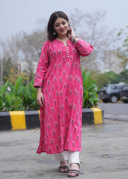 Pink Handwoven Ikat A-Line Kurta with Thread Work & Shell Buttons