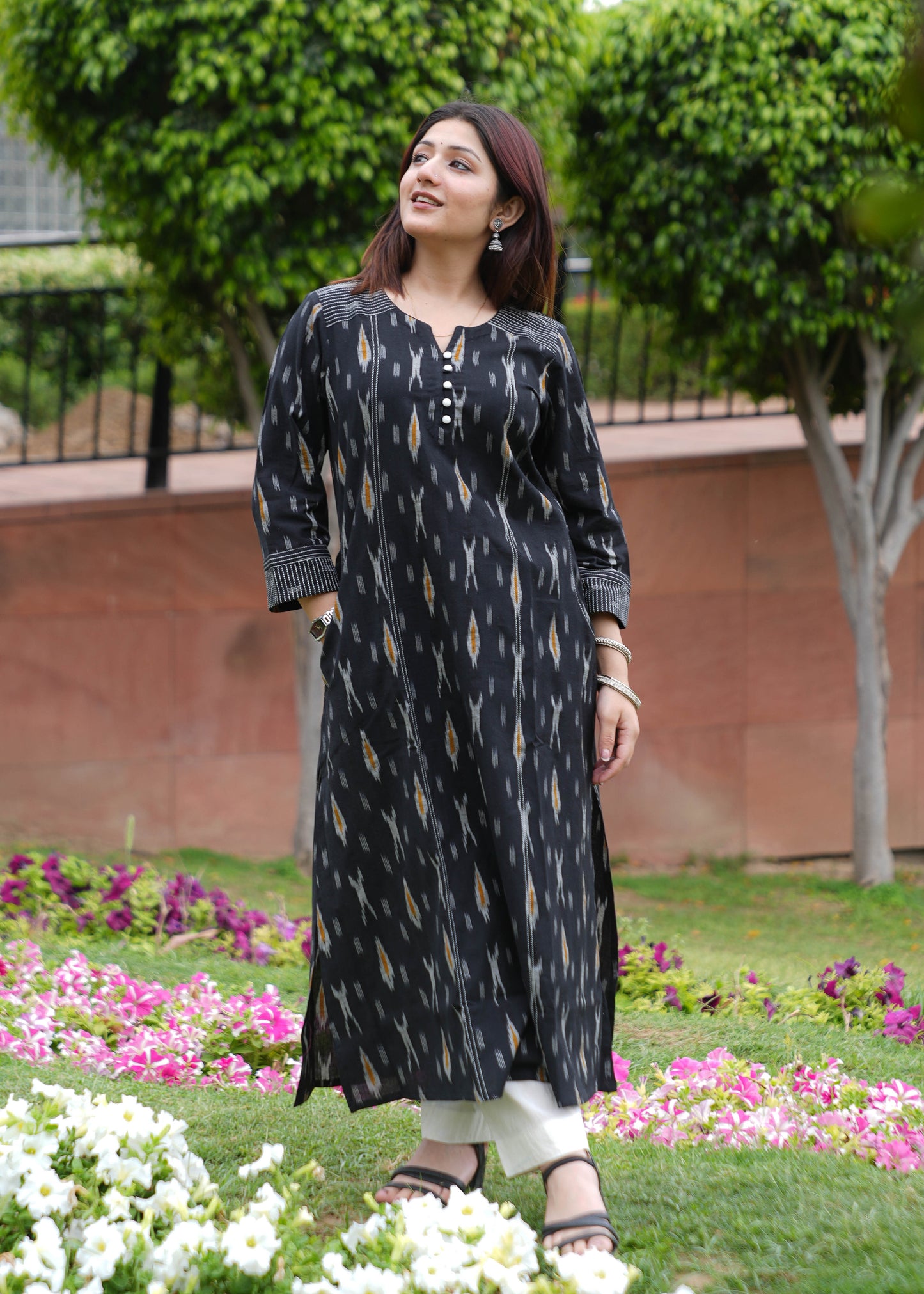 Black Handloom Ikat A-Line Kurta with Round V Neck & Loop Buttons