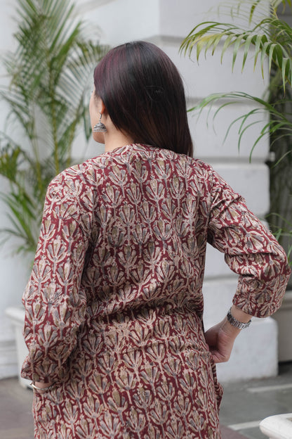 Rust Maroon Handcrafted Kalamkari A-Line Kurta