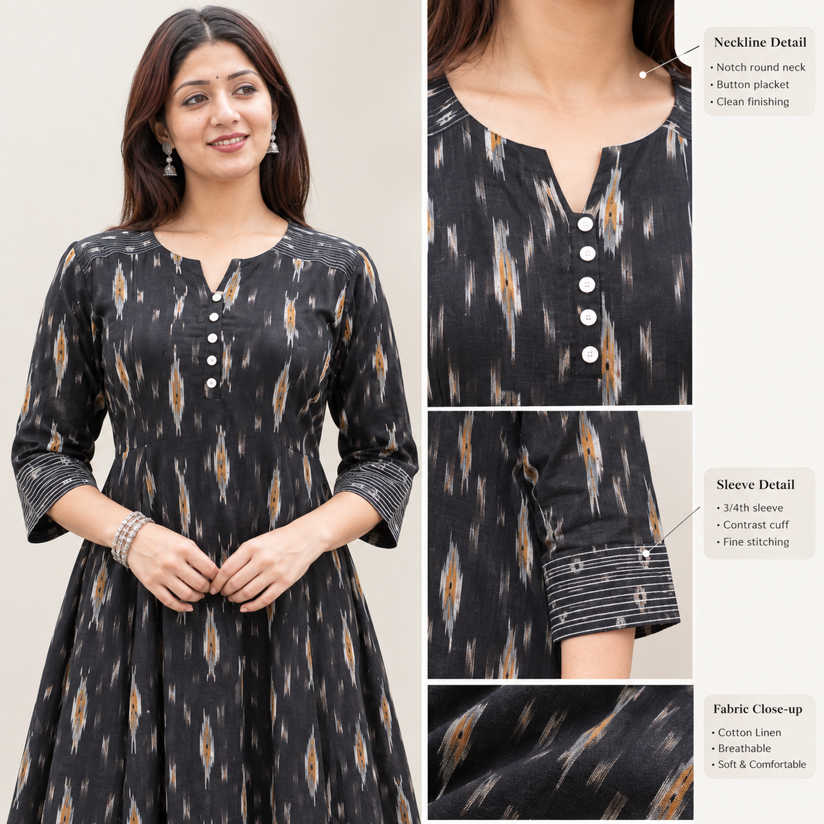 Black Handloom Ikat Flared Cotton Dress