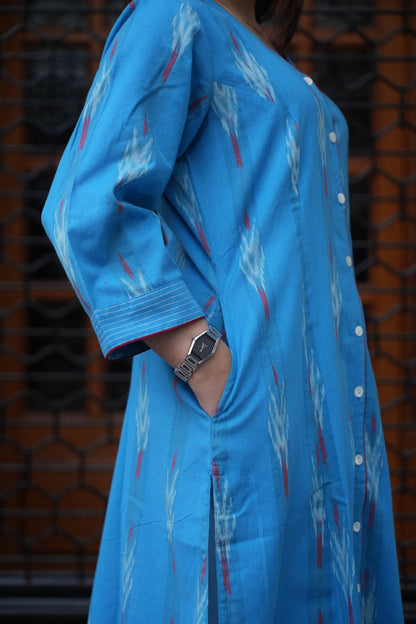 Sky Blue Handloom Ikat Front Open A-Line Kurta
