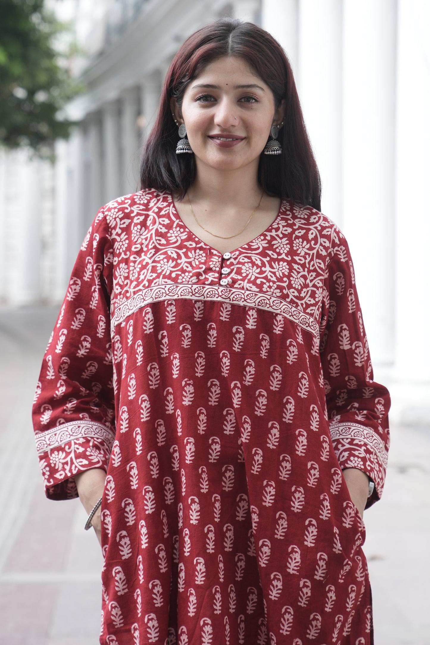 Maroon Bagh Hand Block Printed Straight Cotton Kurta for Women