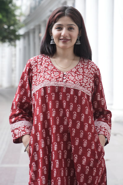 Maroon Bagh Hand Block Printed Straight Cotton Kurta for Women