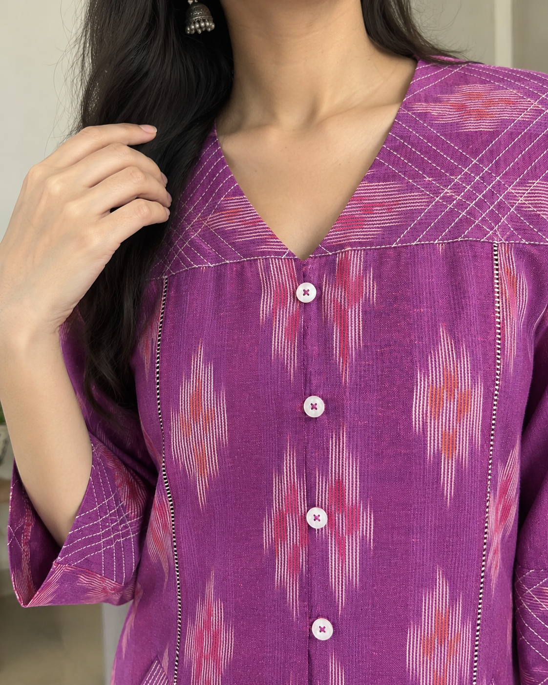 Purple Handloom Ikat Cotton Kurta with V-Neck & Contrast Stitch Detailing