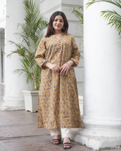 Handblock kalamkari Leaf Print Cotton Kurta  – Mustard Ethnic Everyday Wear