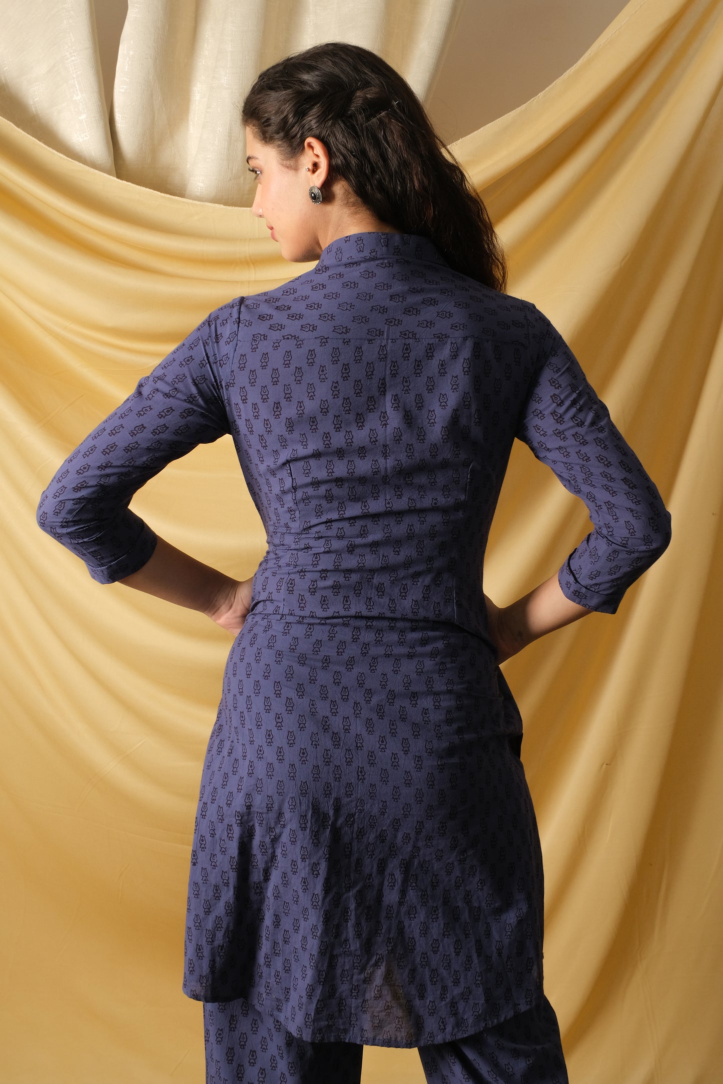 Bagh, Handprinted Indigo cotton Co-ord set, with front open shirt & straight fit pant