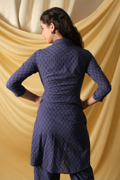 Bagh, Handprinted Indigo cotton Co-ord set, with front open shirt & straight fit pant