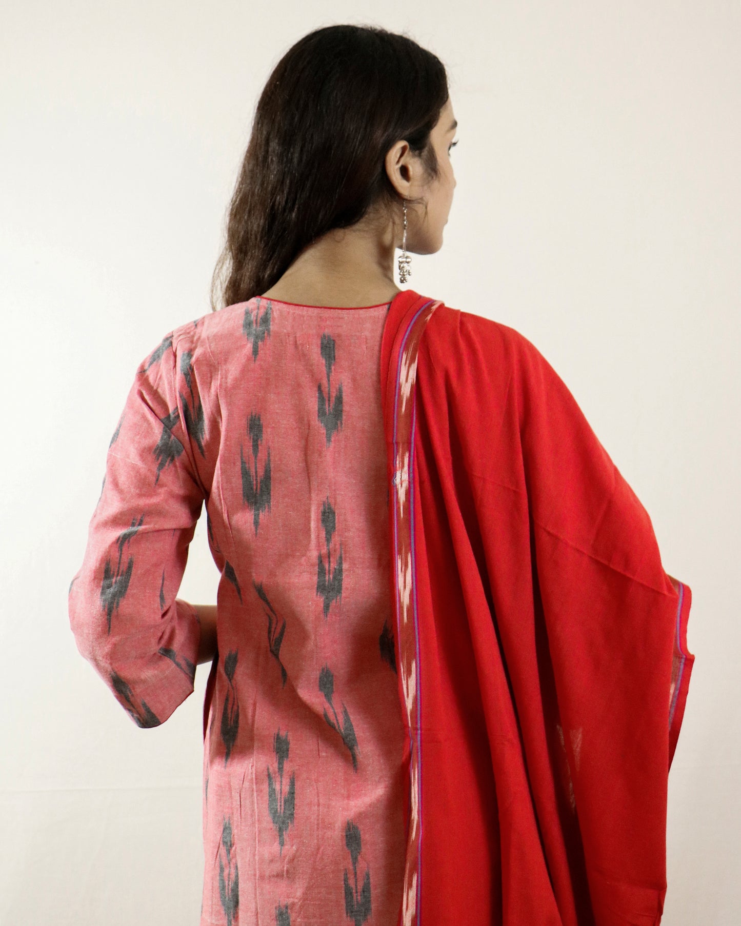 Brick Blossom Ikat Suit Set – Brick kurta with red pant & shaded dupatta (brick-red)