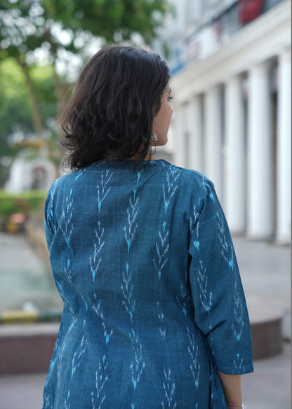 Ocean Blue Handwoven Ikat Cotton Straight Kurta for Women