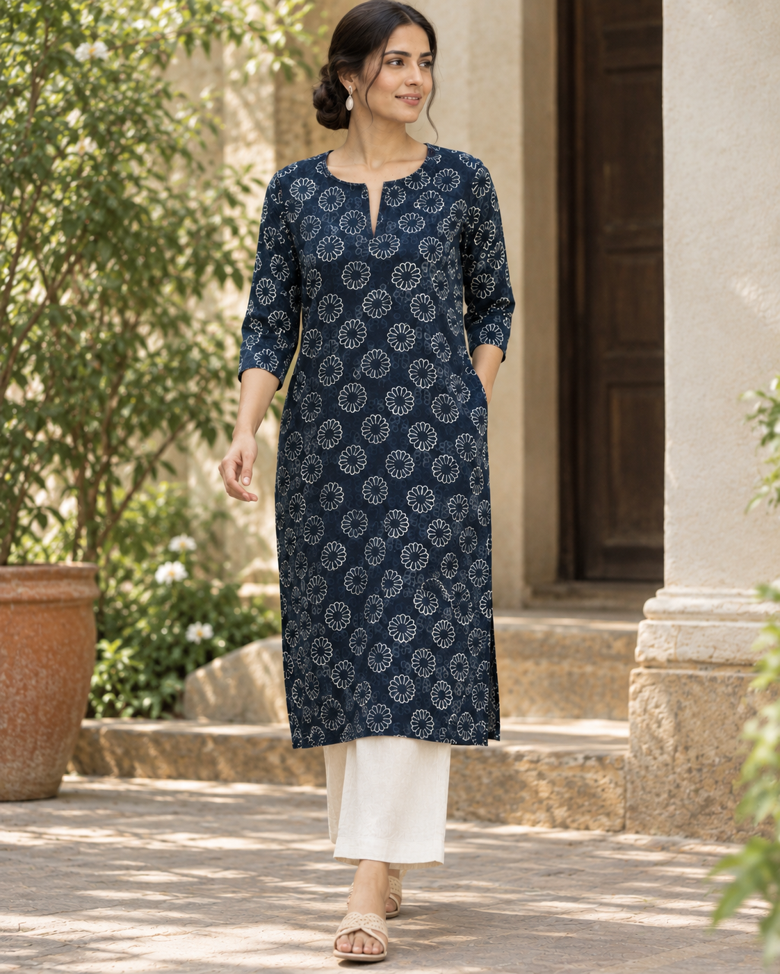 Navy Blue Floral Dabu Hand Block Printed Cotton Straight Kurta