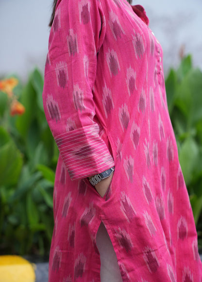 Pink Handwoven Ikat A-Line Kurta with Thread Work & Shell Buttons