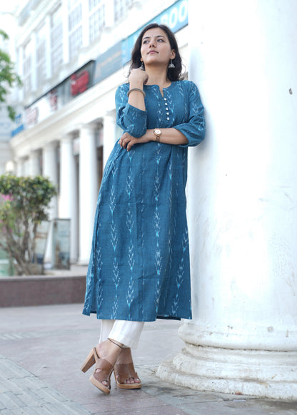Ocean Blue Handwoven Ikat Cotton Straight Kurta for Women