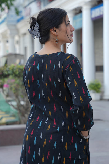Handloom Black Ikat Straight Kurta for Women – Multicolor Woven Cotton Kurta