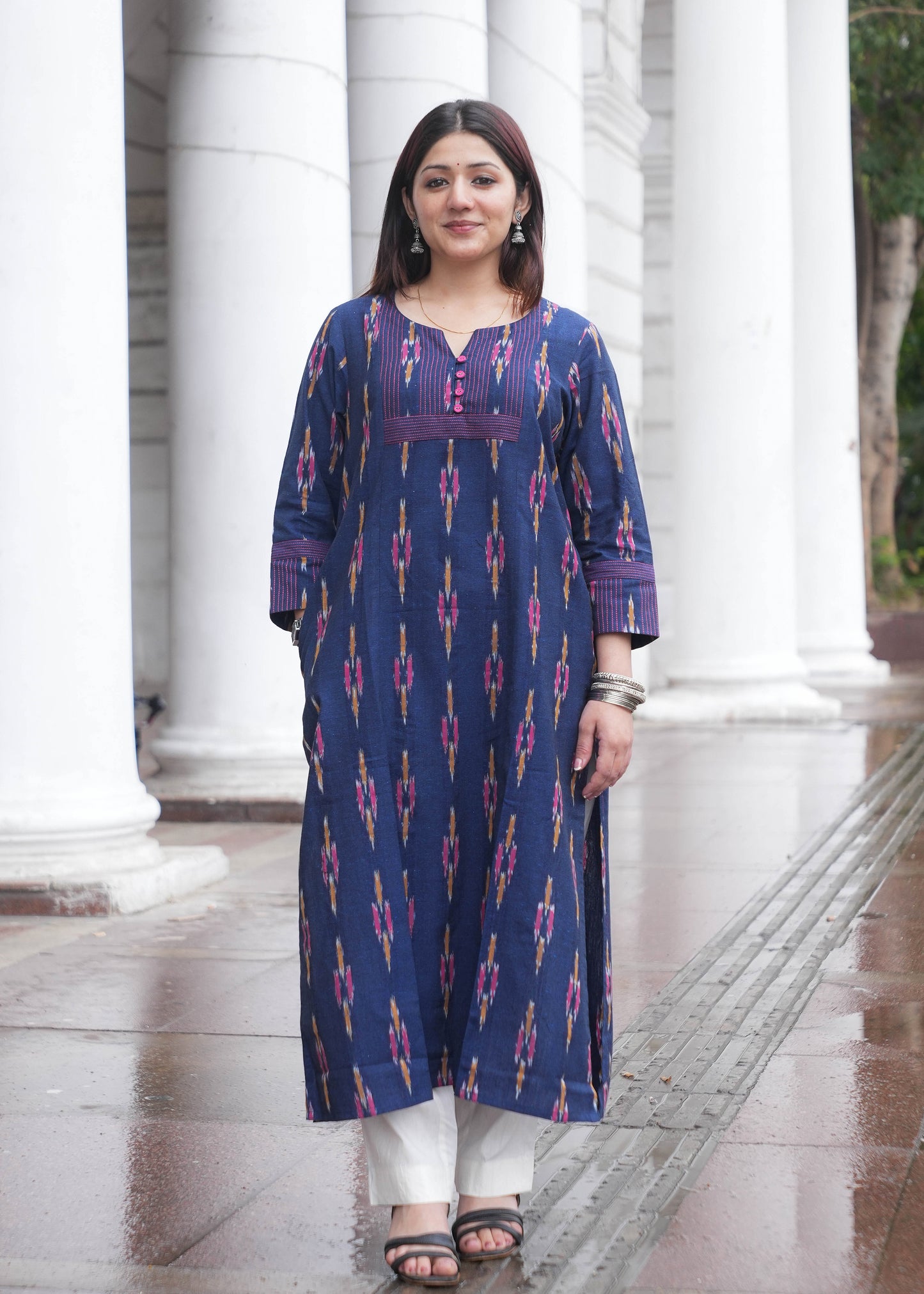 Indigo Handloom Ikat A-Line Kurta with Button Neck & Side Pockets