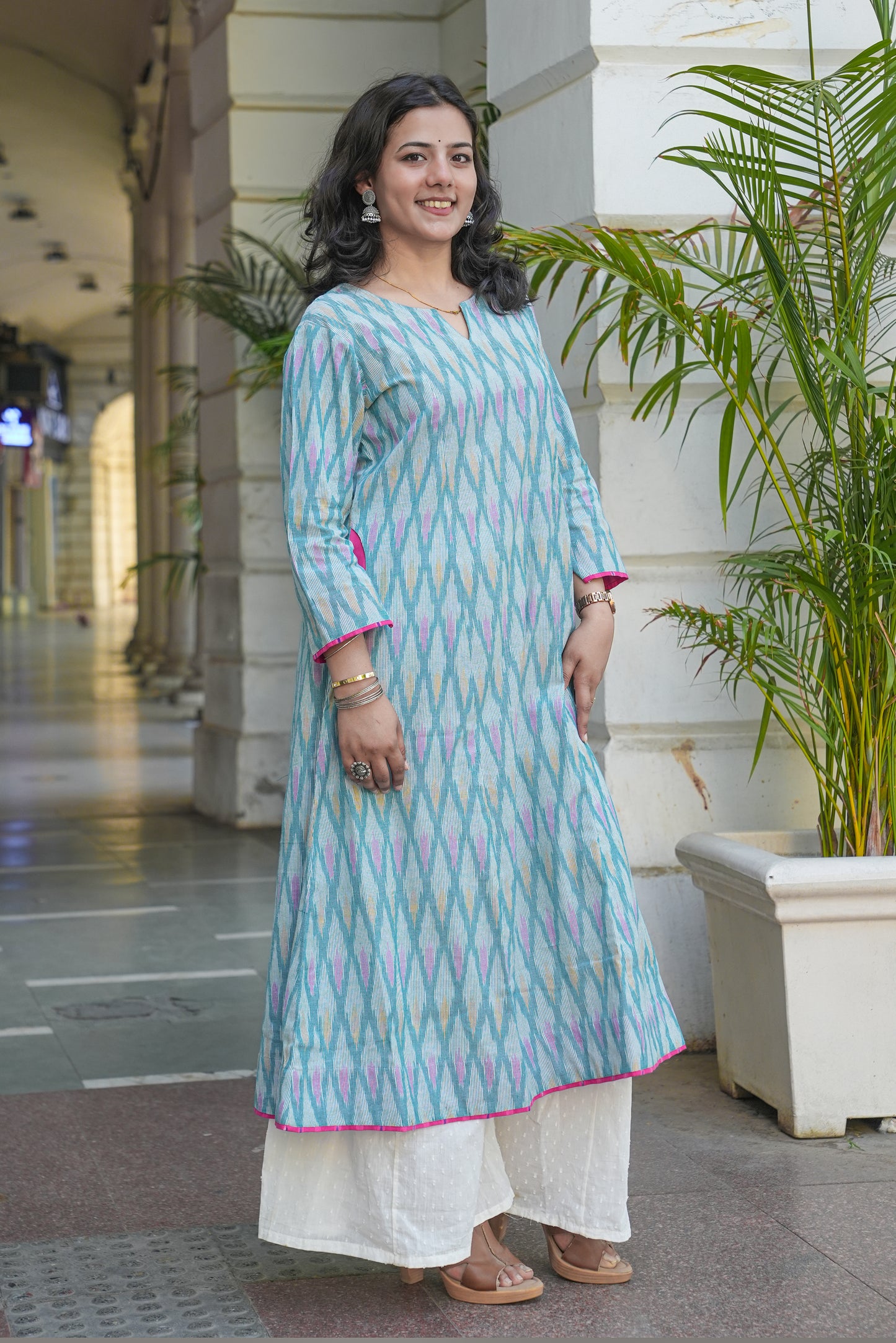 Handcrafted Pastel Ikat Long Cotton Dress